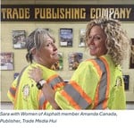 Sara with Women of Asphalt member Amanda Canada, publisher at Trade Media Hui, both wearing safety vests