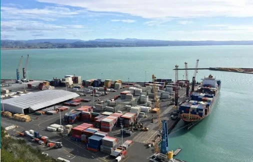 Aerial view of the Port of Napier, New Zealand, with stacked shipping containers