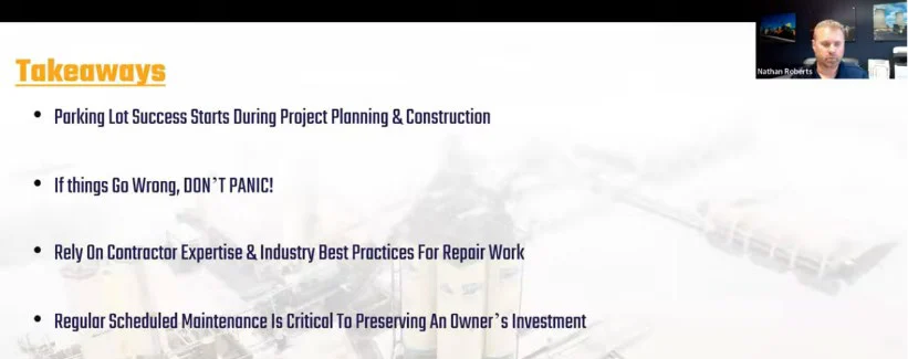 Session Four slide listing key takeaways for high performing parking lots